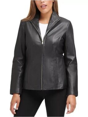 Cole Haan Black Leather Lambskin Jacket with Tailored Seams